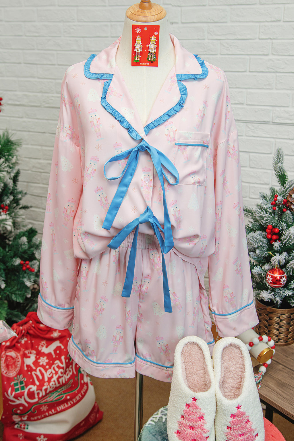 Pink Bow Tie Front Christmas Nutcracker Long Sleeve Shirt Shorts Pajama Set