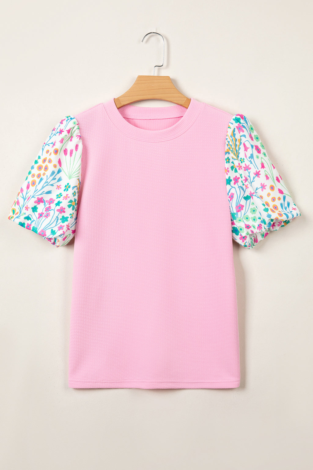 Light Blue Round Neck Textured Contrast Floral Bubble Sleeve Blouse