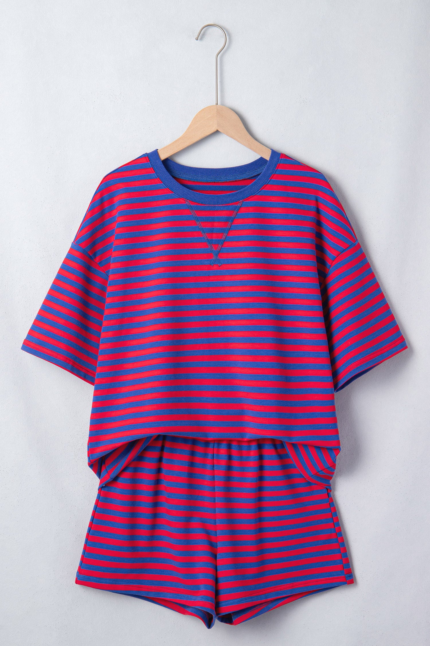 Blue Stripe Striped Ribbed Cotton Two-Piece Short Set with Chest Patch Detail
