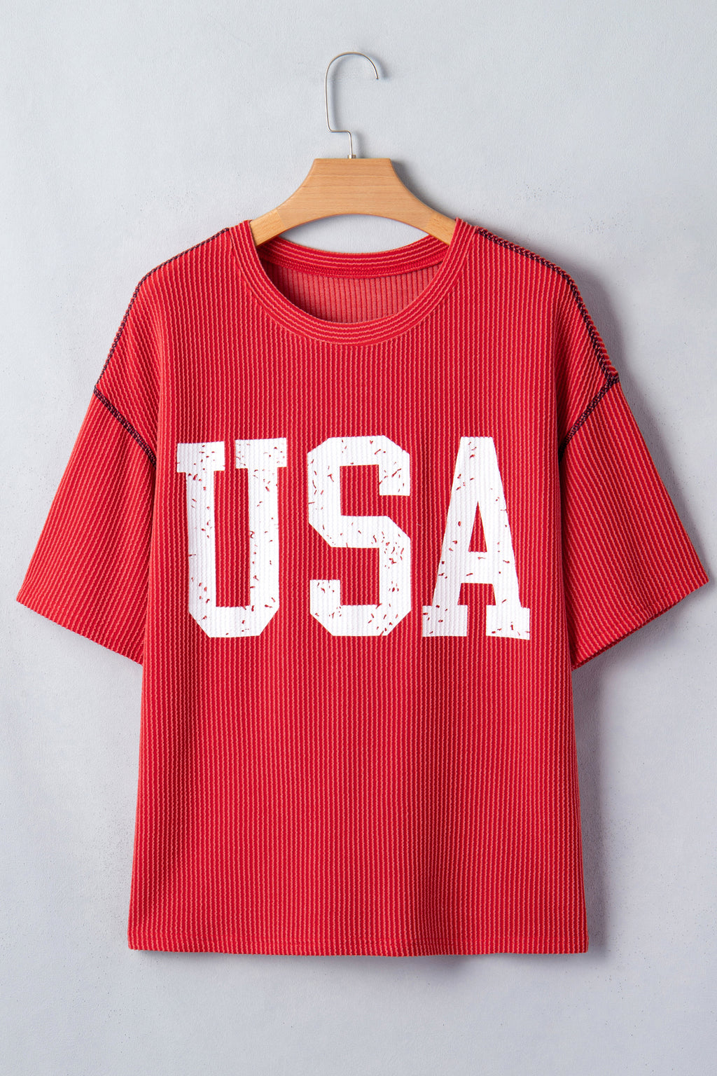 White USA Graphic Half Sleeve Loose Ribbed Top