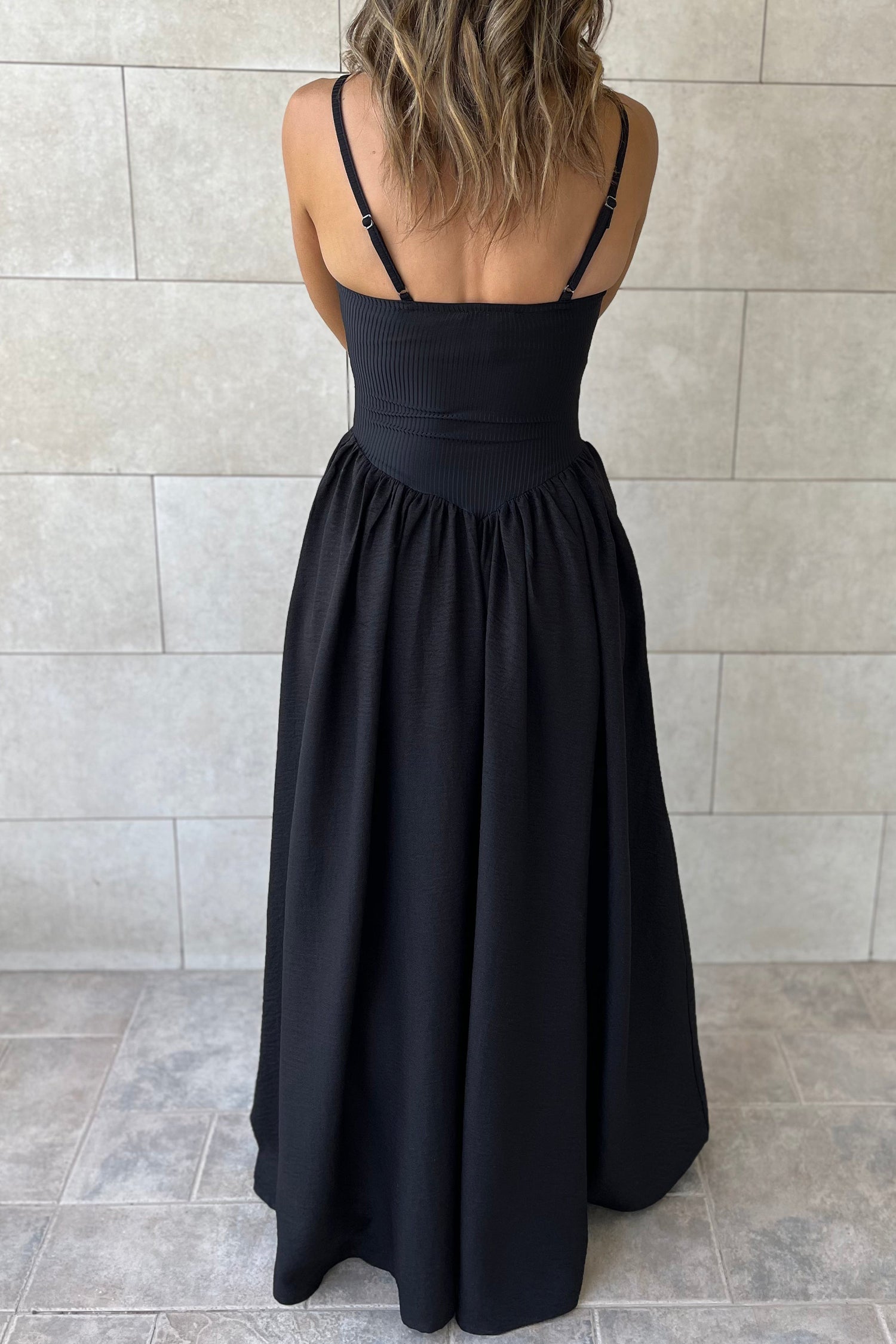 Black Spaghetti Straps Drop Waist Ribbed Patchwork Maxi Dress