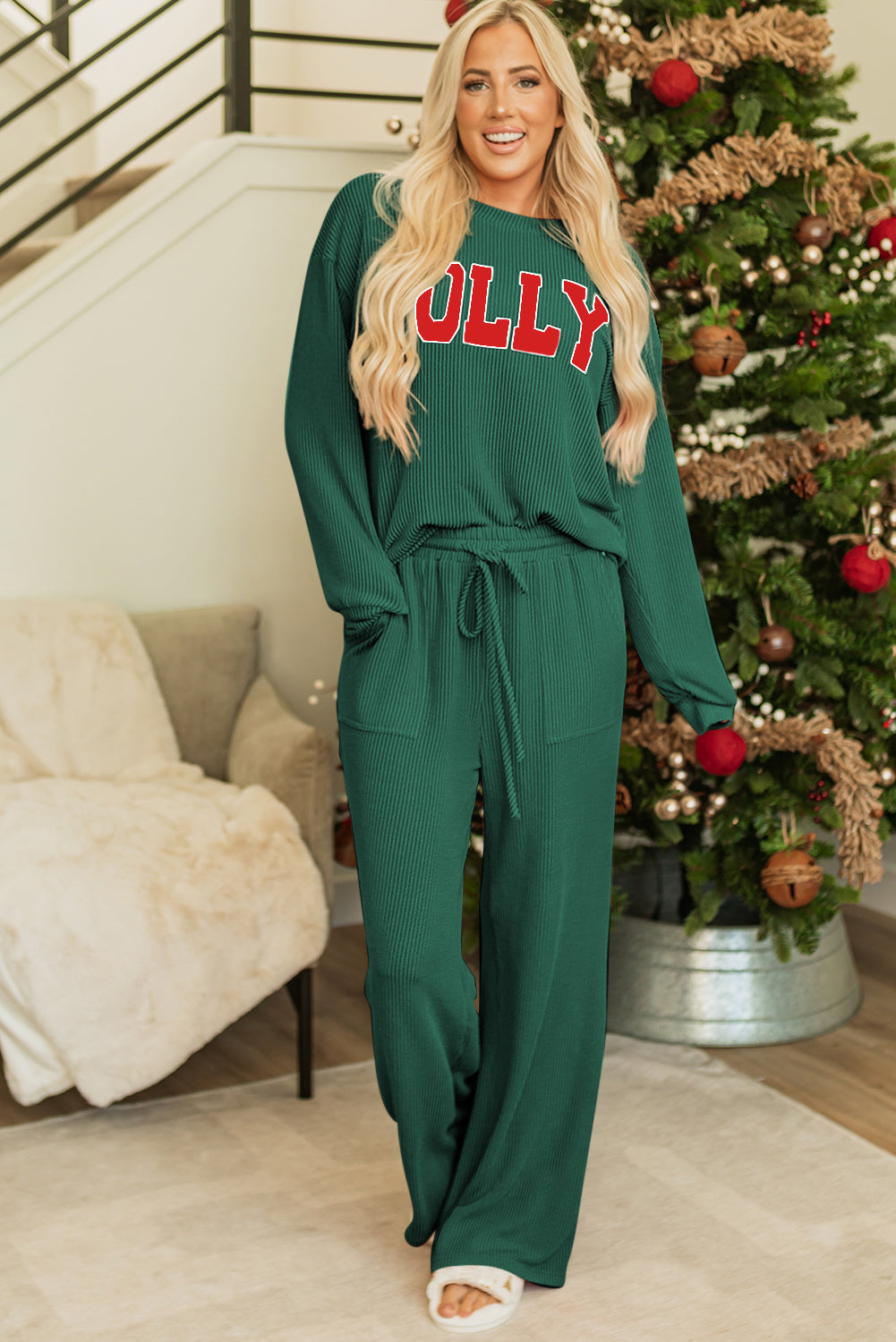 Dark Green MERRY Corded Long Sleeve Top and Pockets Pants Set