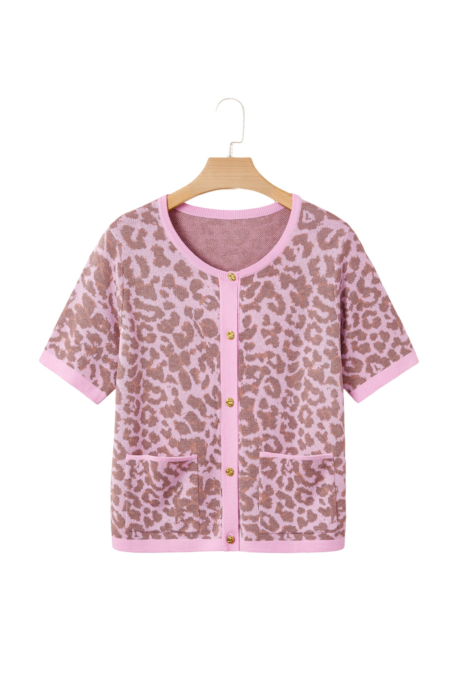 Pink Leopard Button Down Short Sleeve Sweater Cardigan