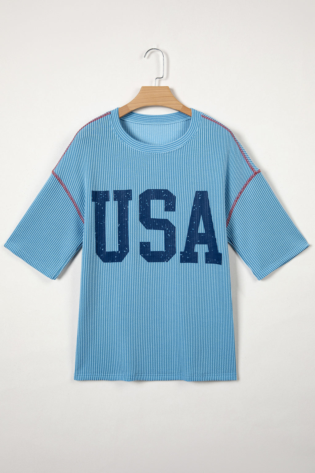 White USA Graphic Half Sleeve Loose Ribbed Top