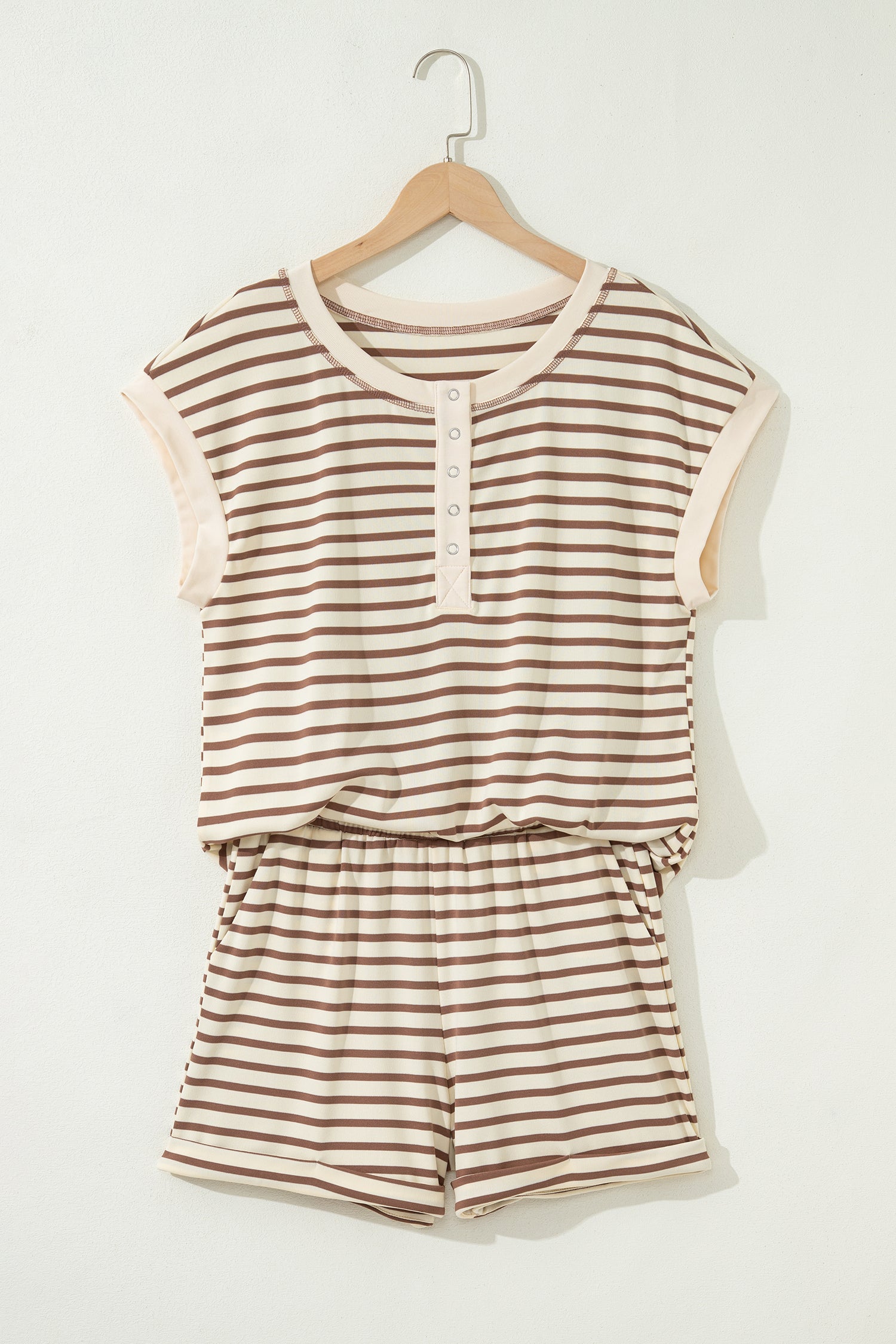 Brown Stripe Half Buttons Top and Shorts Set