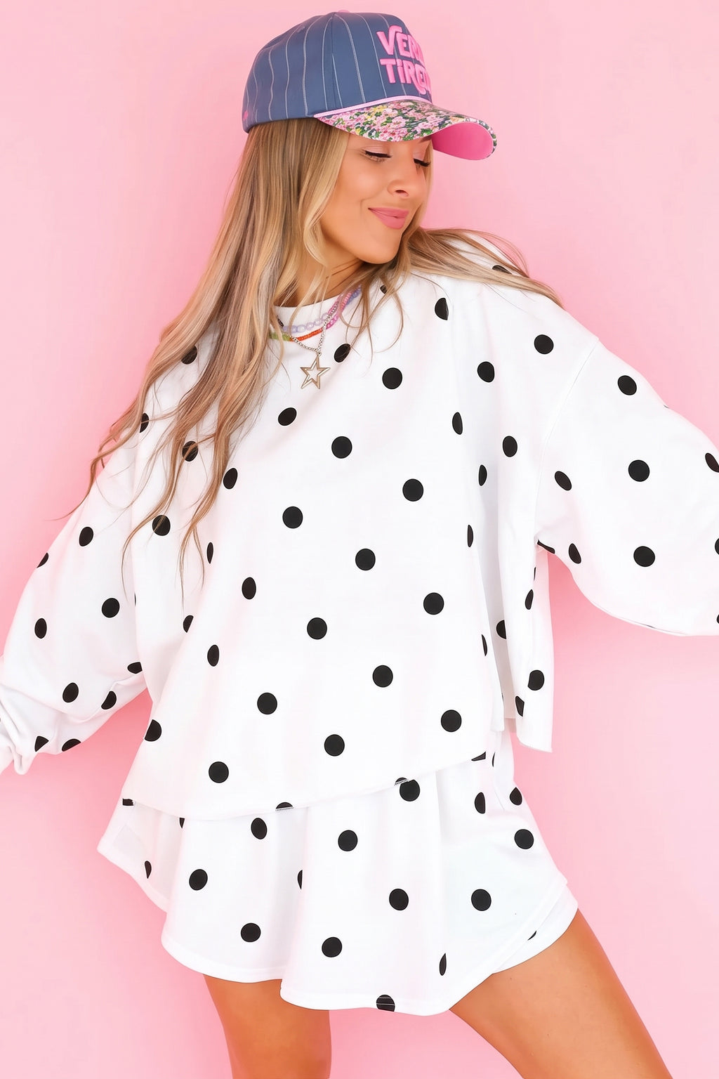 Black Polka Dot Raw Hem Relaxed Pullover Loose Skort Two Piece Set