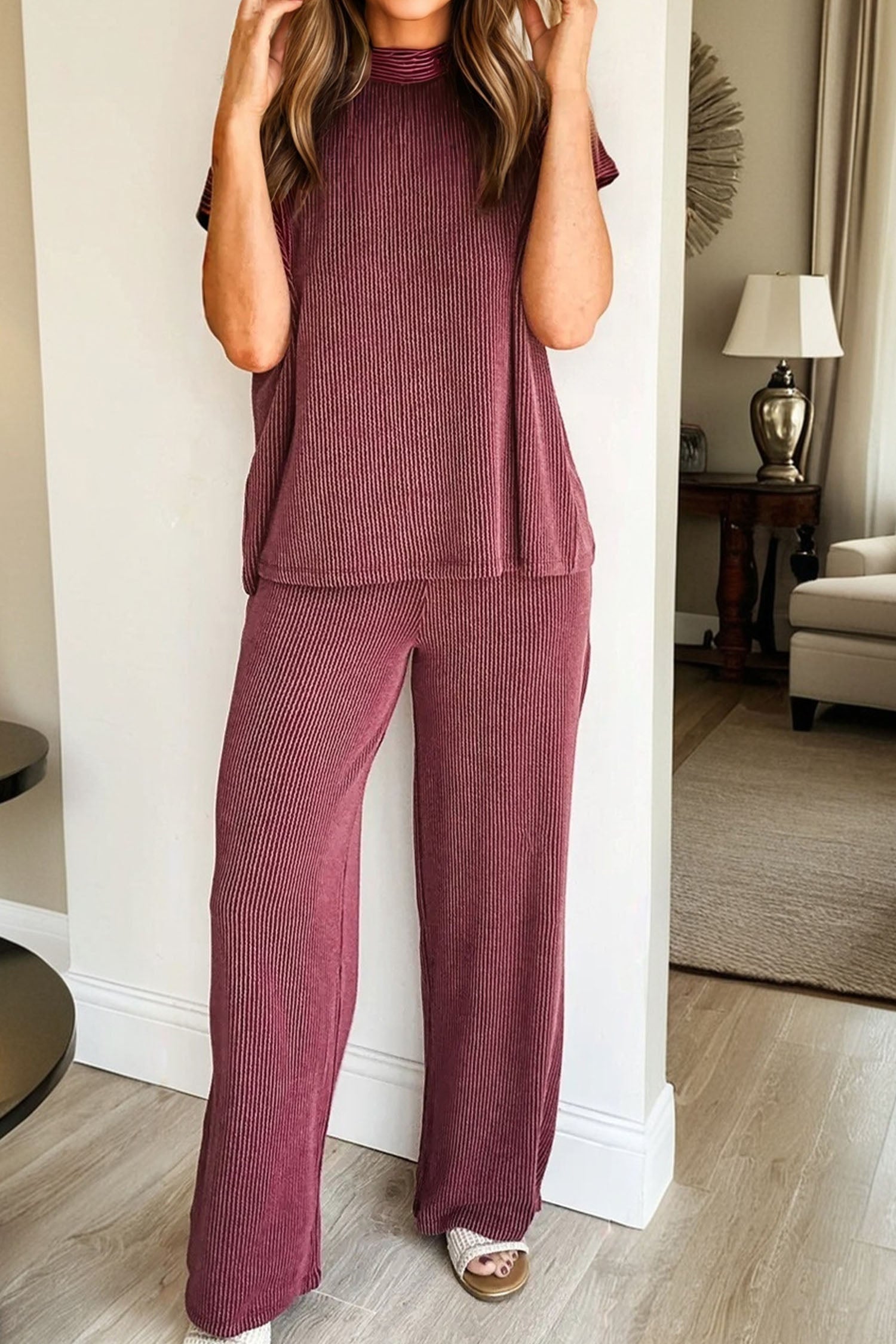 Dark Grey Twisted Ribbed High Neck Loose Tee Elastic High Waist Loose Pant Set