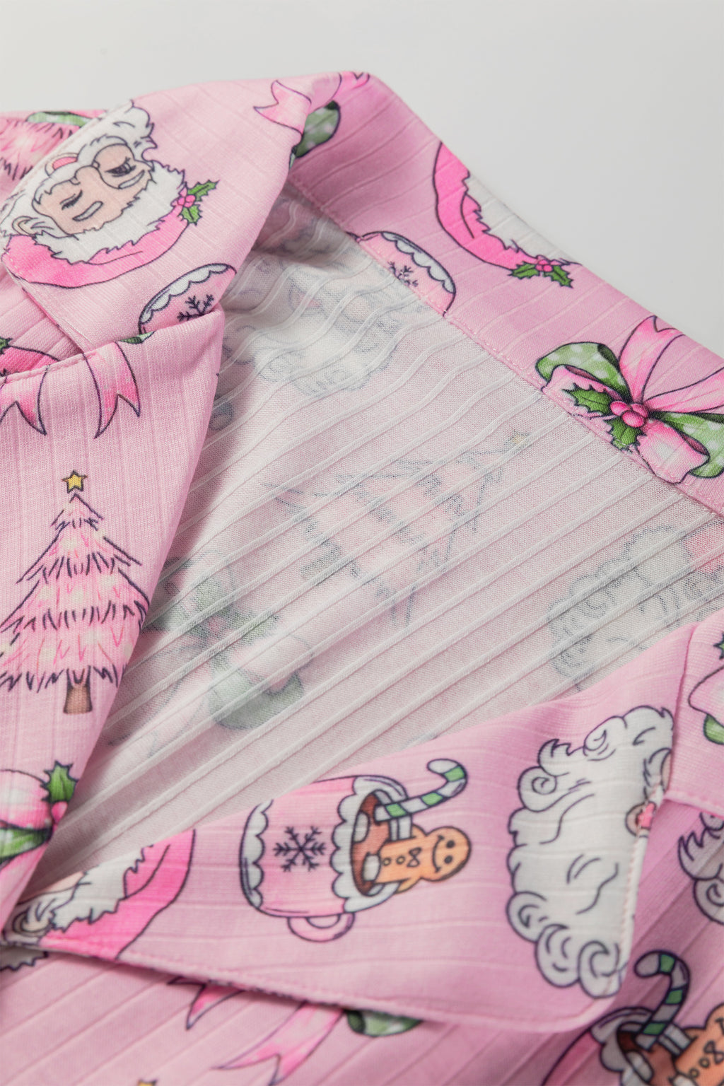 Pink Christmas Print Ruffled Ribbed Shirt & Pants 2 Piece PJ Set