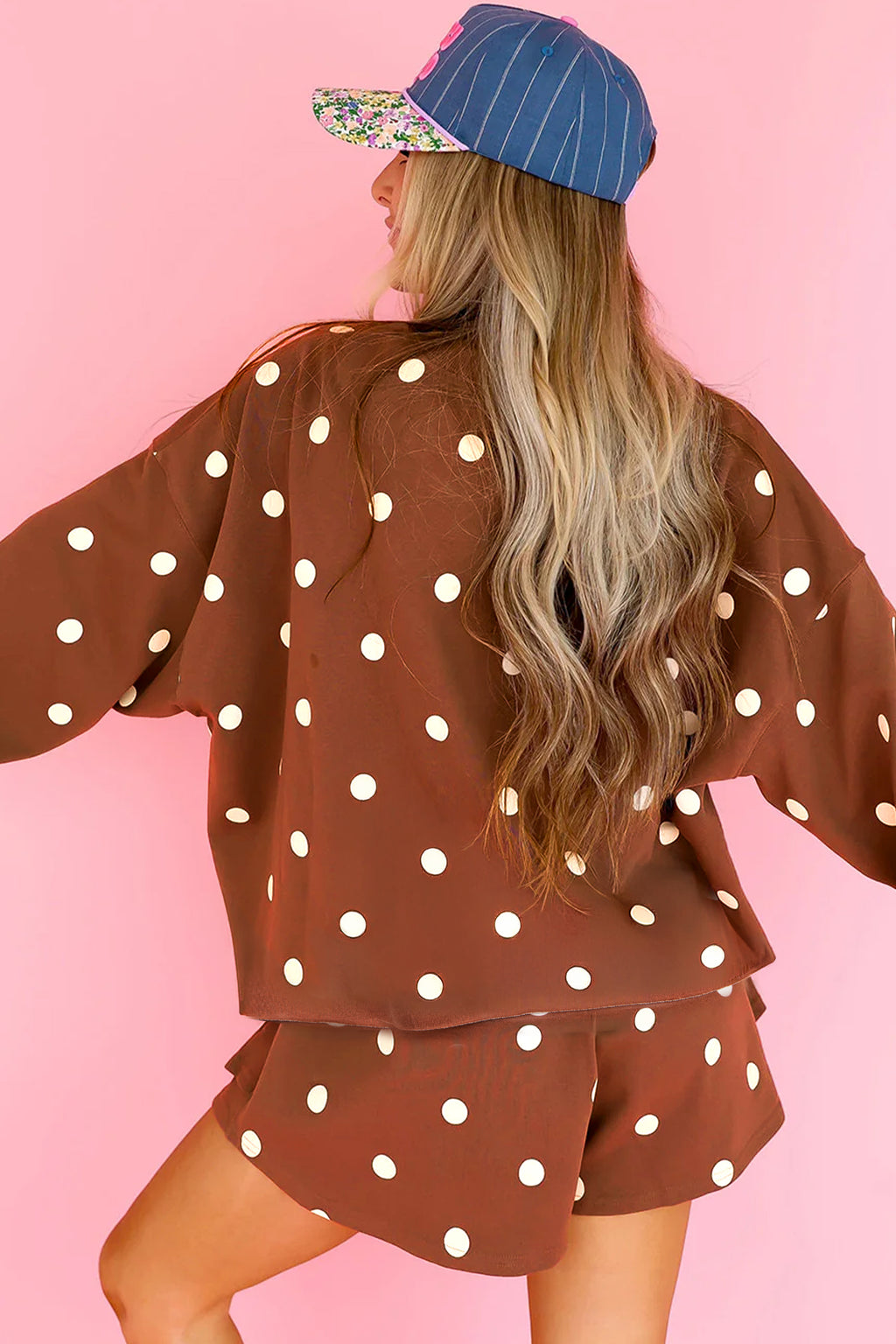 Black Polka Dot Raw Hem Relaxed Pullover Loose Skort Two Piece Set