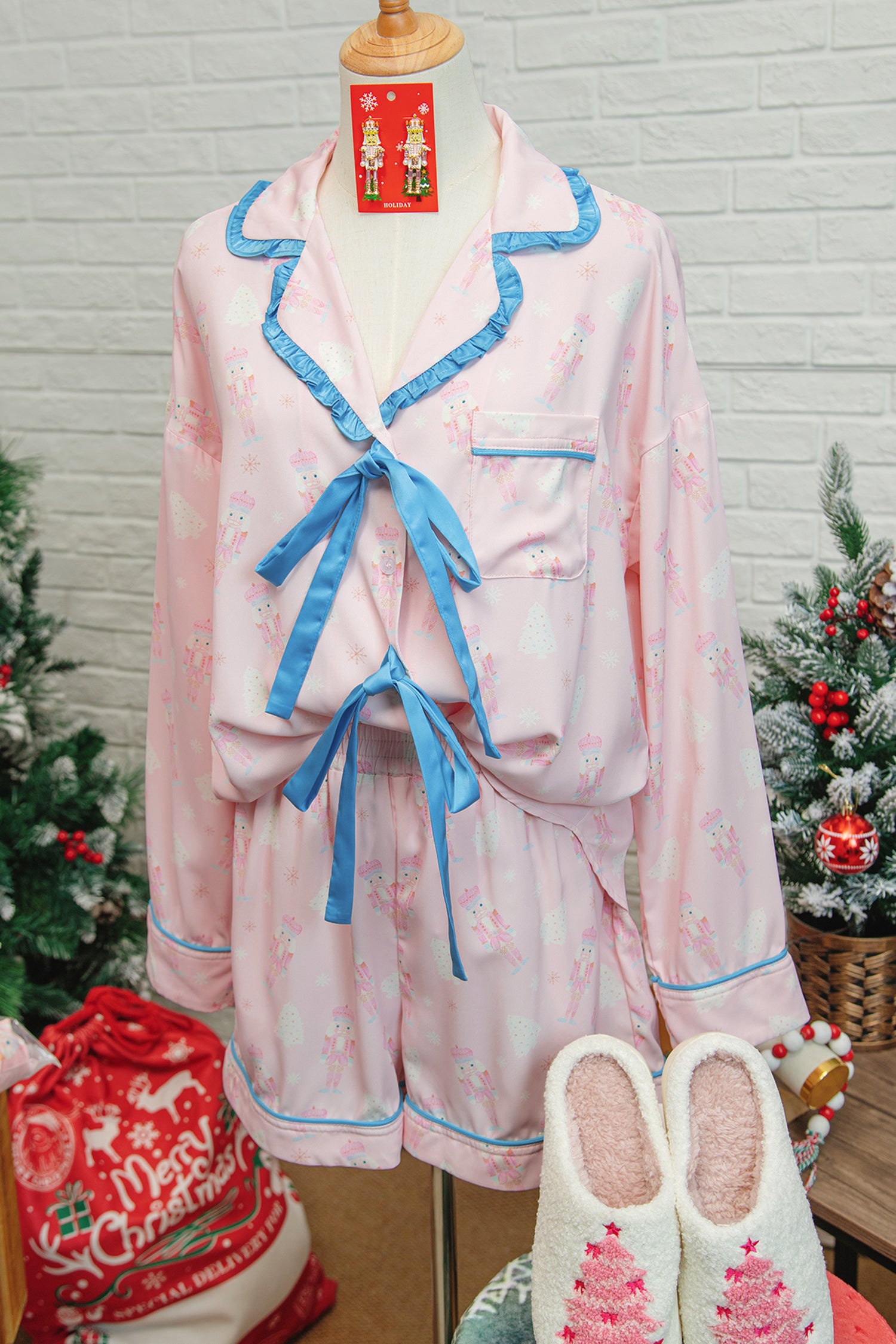 Pink Bow Tie Front Christmas Nutcracker Long Sleeve Shirt Shorts Pajama Set